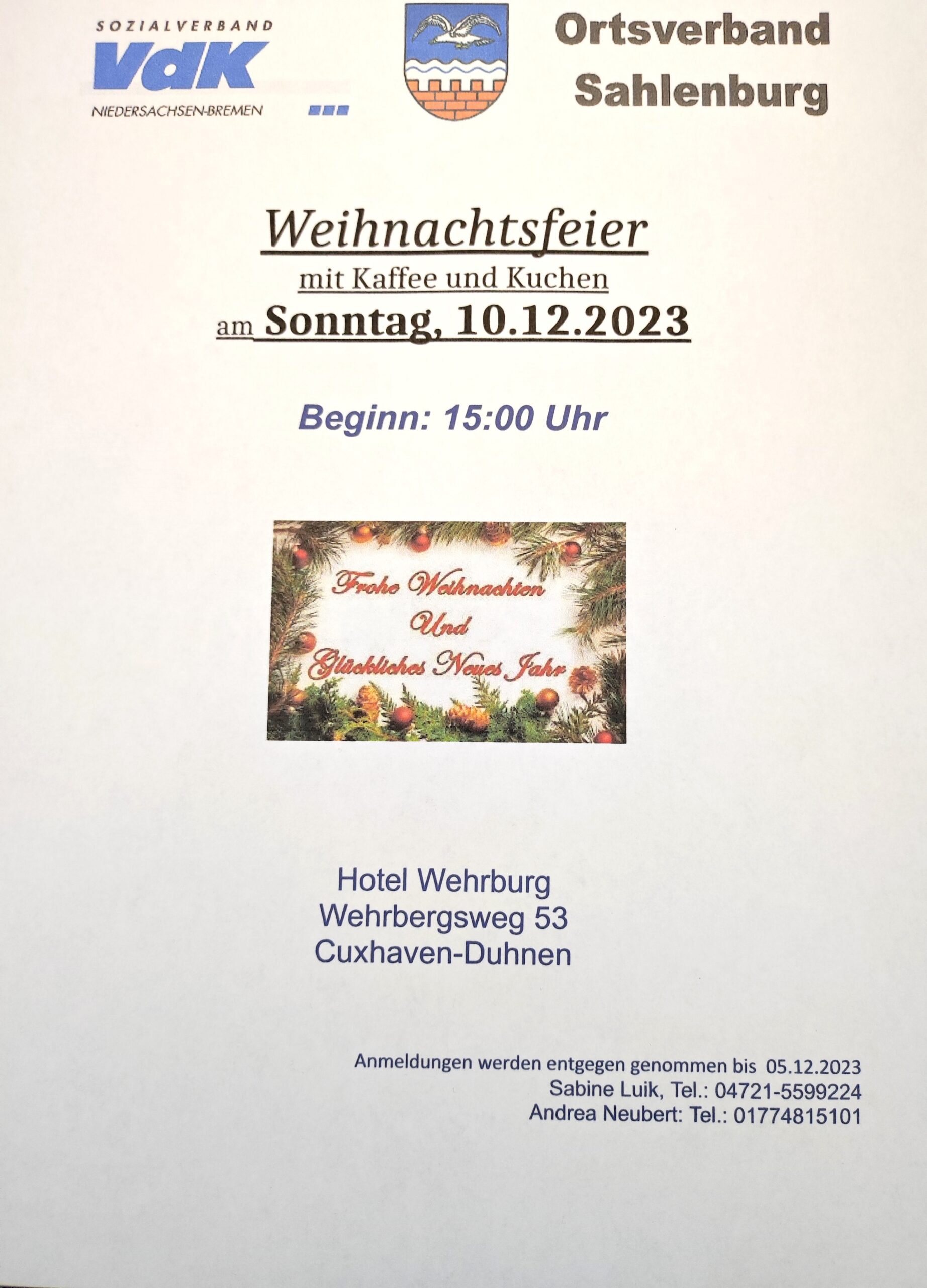 Weihnachtsfeier des VdKOrtsverbands Sahlenburg Cuxverein